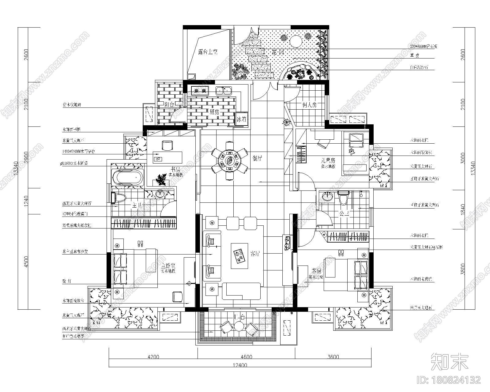 东方御花园-四居室样板房室内装修施工图cad施工图下载【ID:180824132】