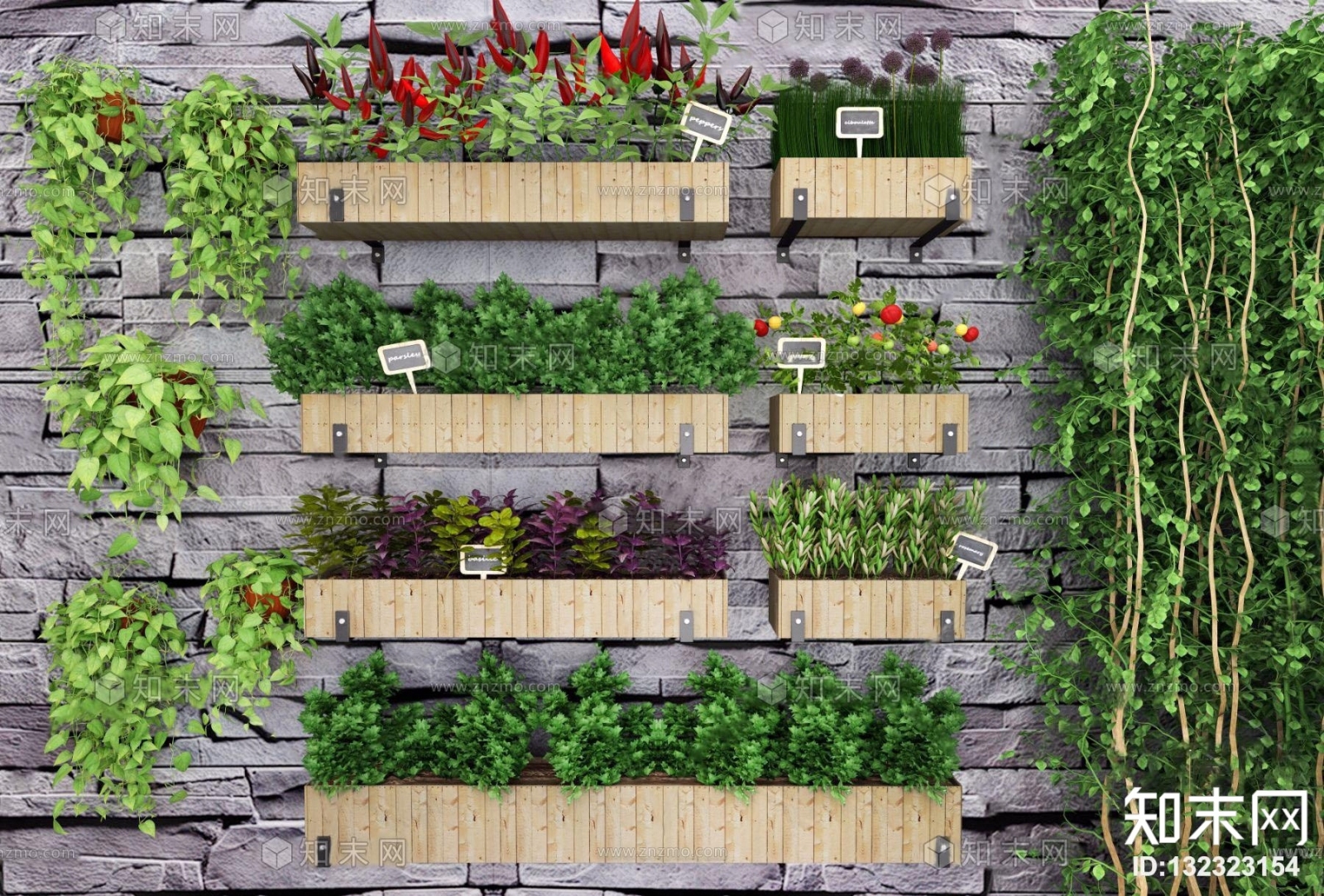 现代绿植背景墙3D模型下载【ID:132323154】