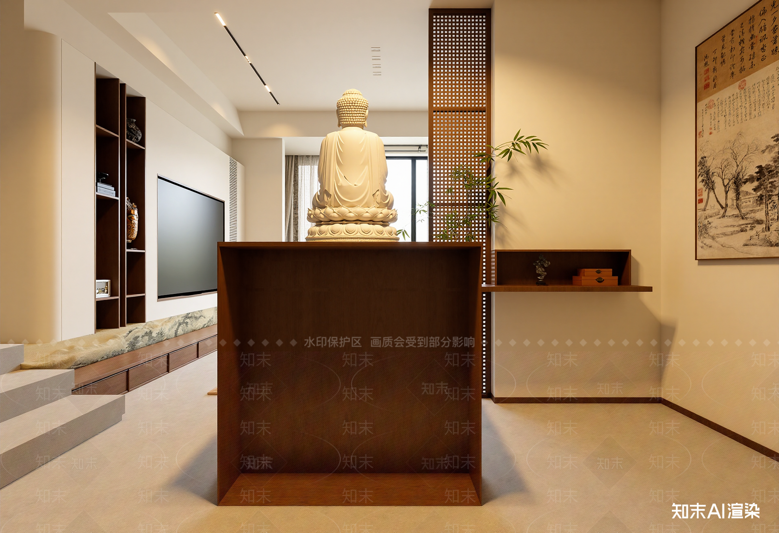 新中式佛堂3D模型渲染效果图