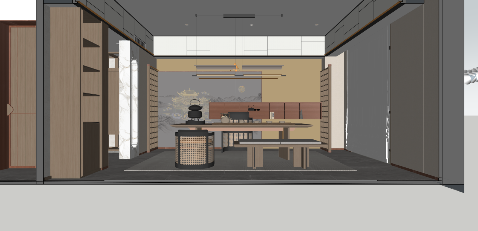 新中式棋牌室SU模型下载【ID:1215955425】