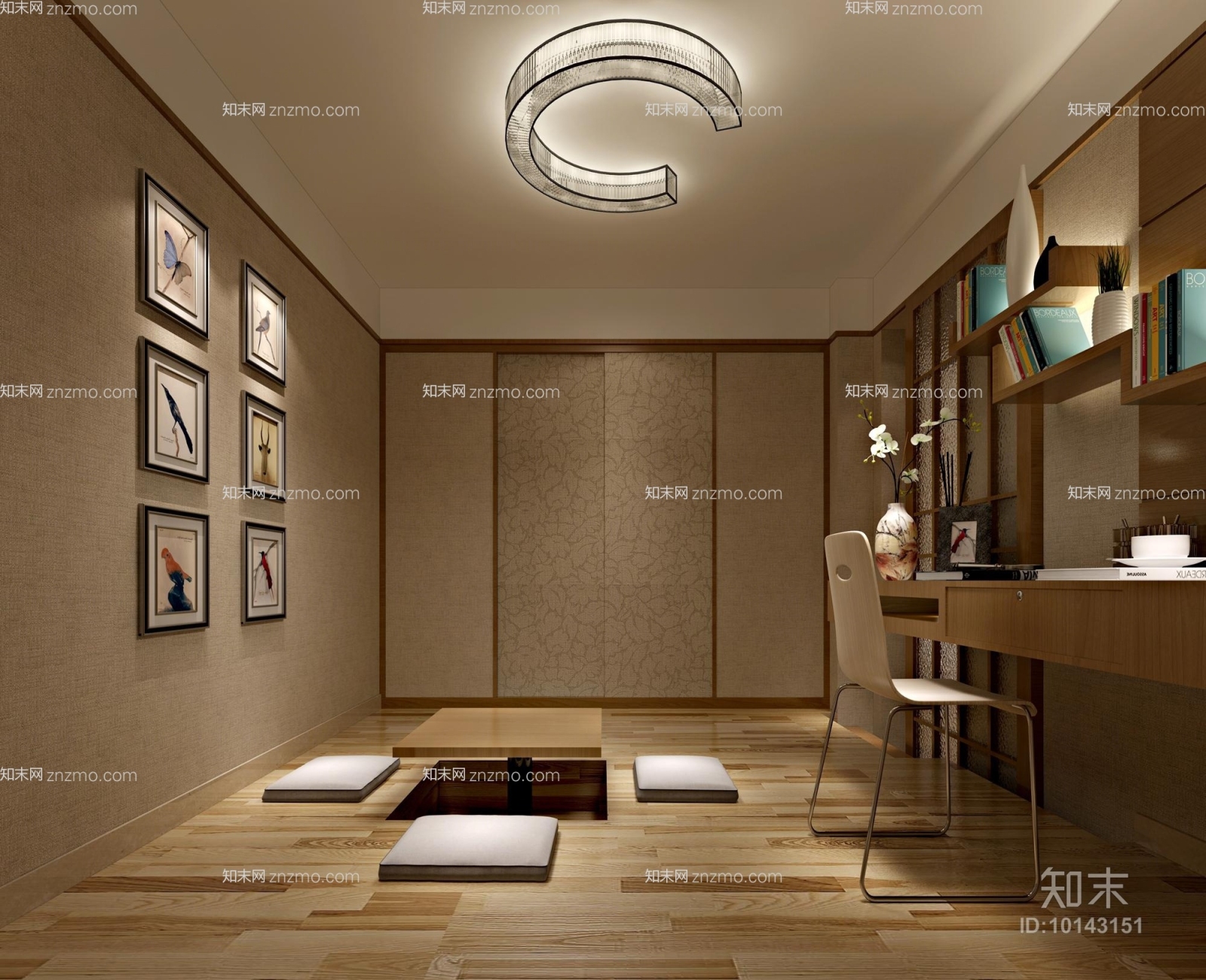 日式方型木艺板式茶几组合3D模型下载【ID:10143151】