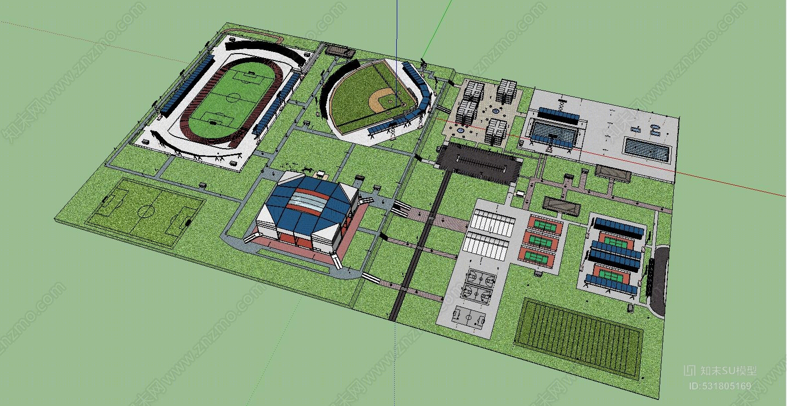 综合体育中心足球场篮球场曲棍球场垒球场自行车馆网球场篮球场泳道钱包SU模型下载【ID:531805169】
