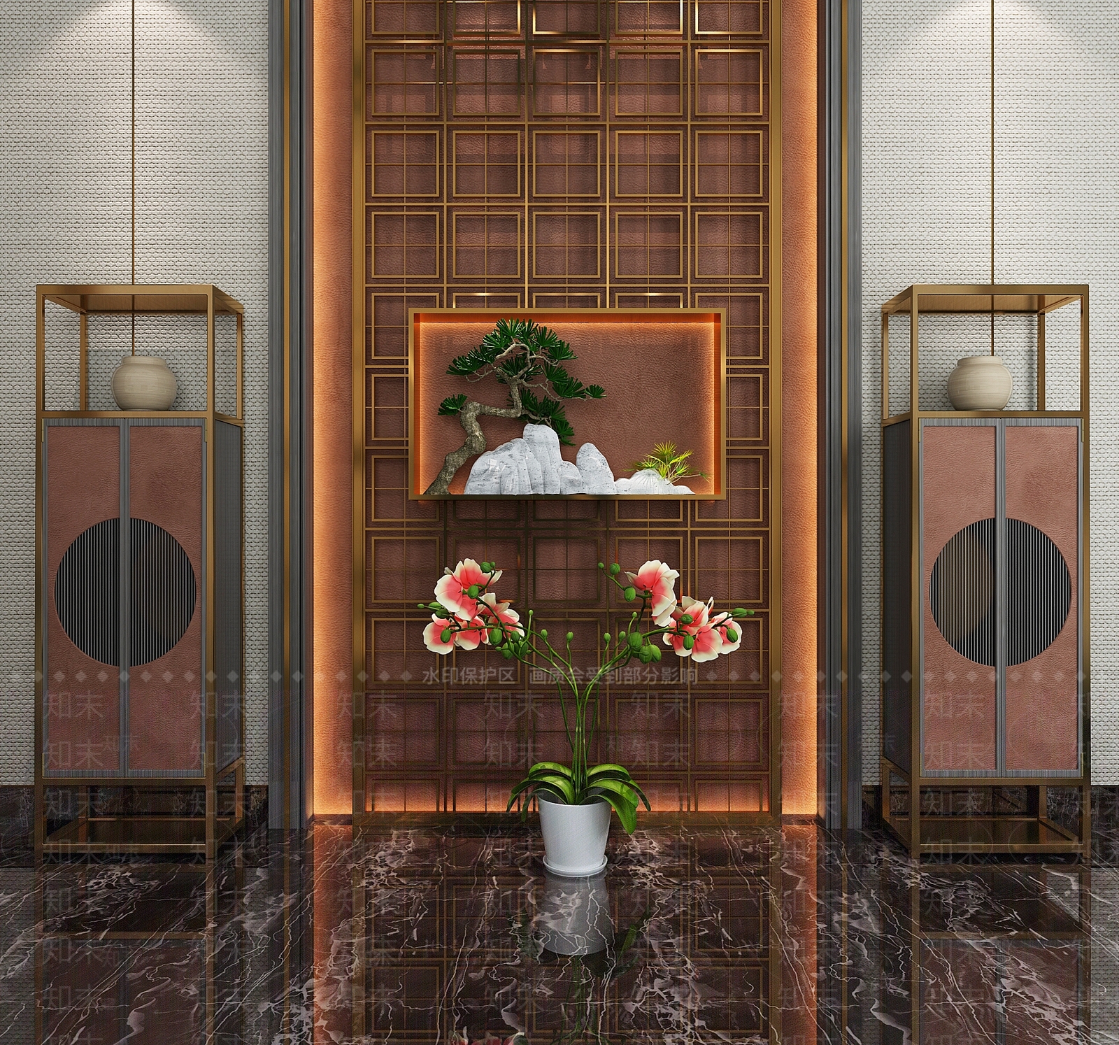 新中式背景墙饰品3D模型下载【ID:133935176】