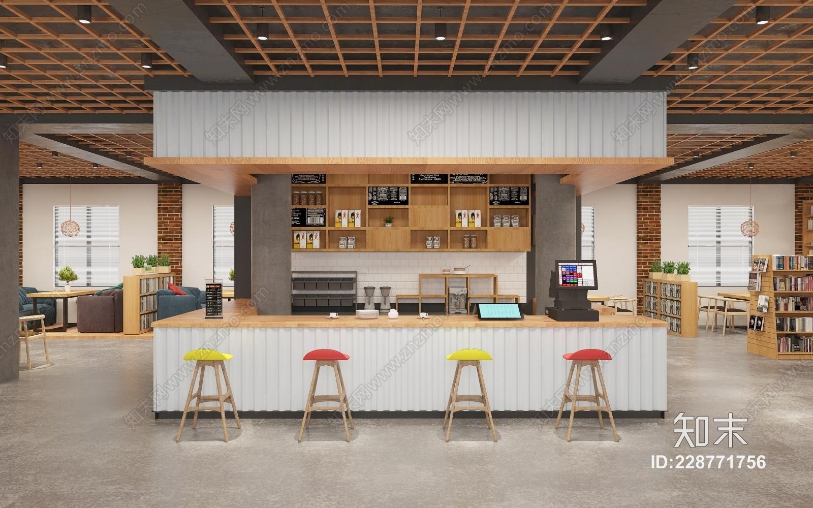工业风书吧咖啡厅3D模型下载【ID:228771756】