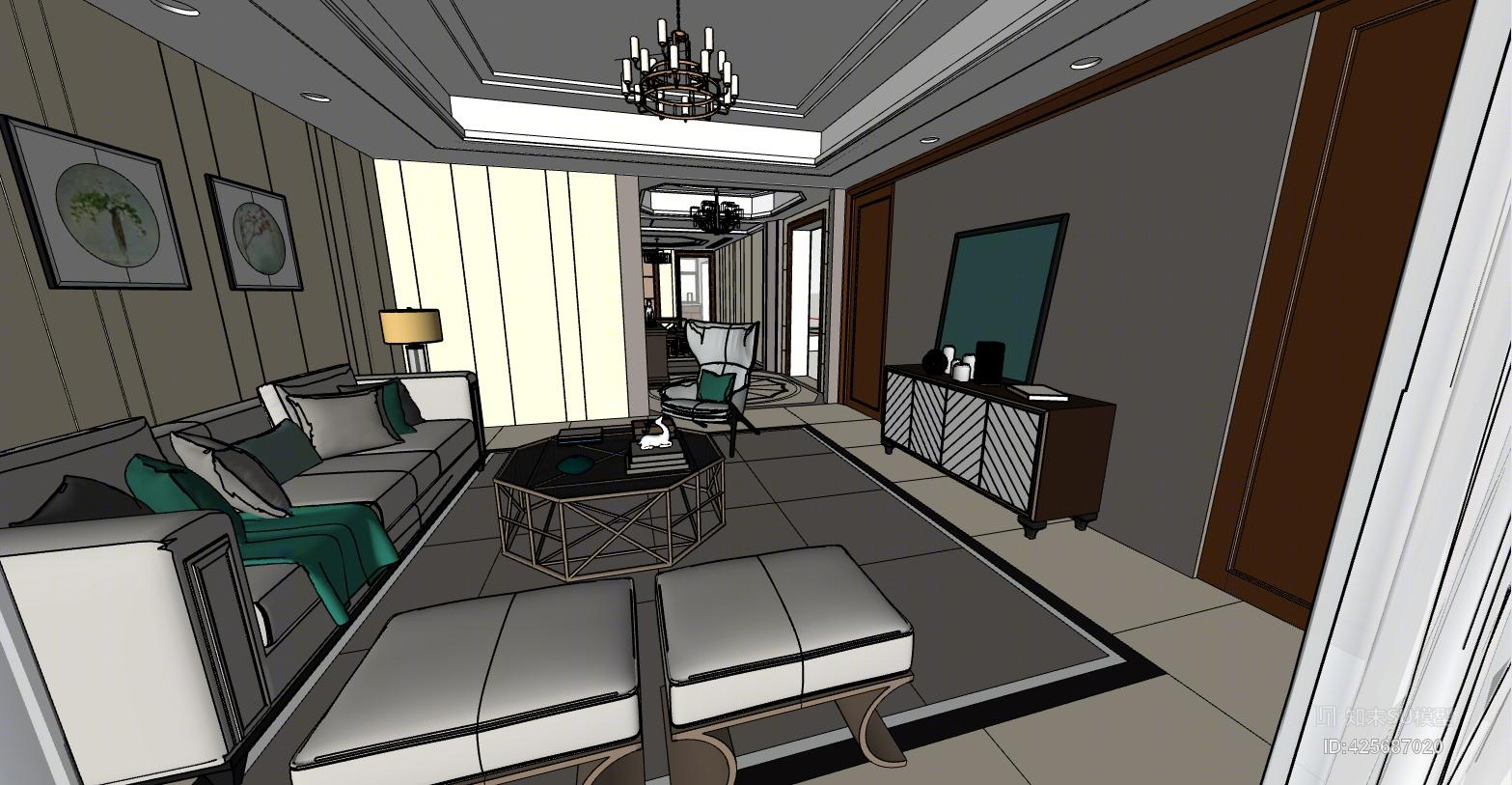 新中式大平层主卧银杏背景墙定制橱柜按摩椅壁灯全房吊顶特色书架入户拼花蹲厕SU模型下载【ID:425687020】