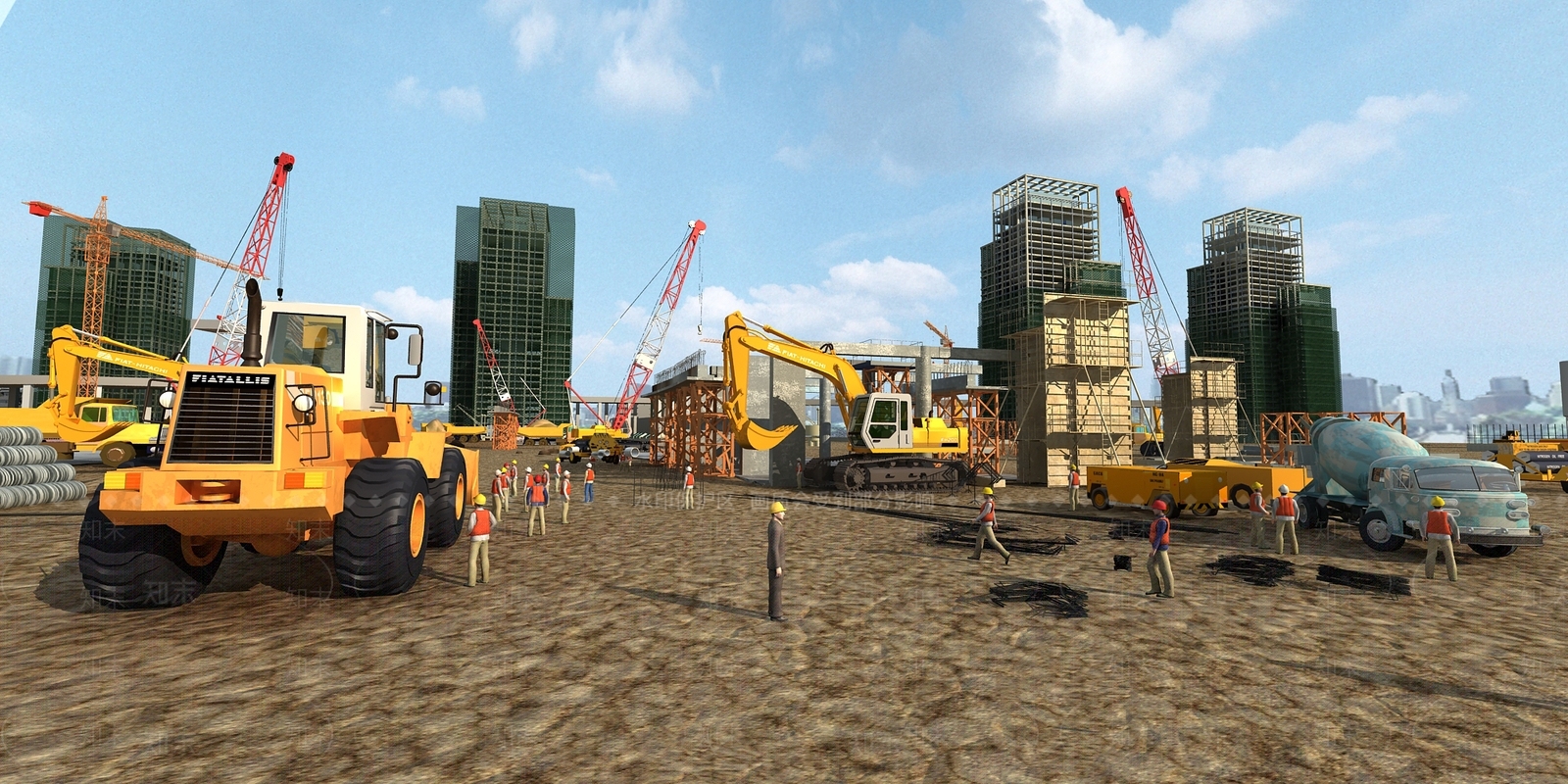 工地吊车工人脚手架钢管挖土机水泥车3D模型下载【ID:333575957】
