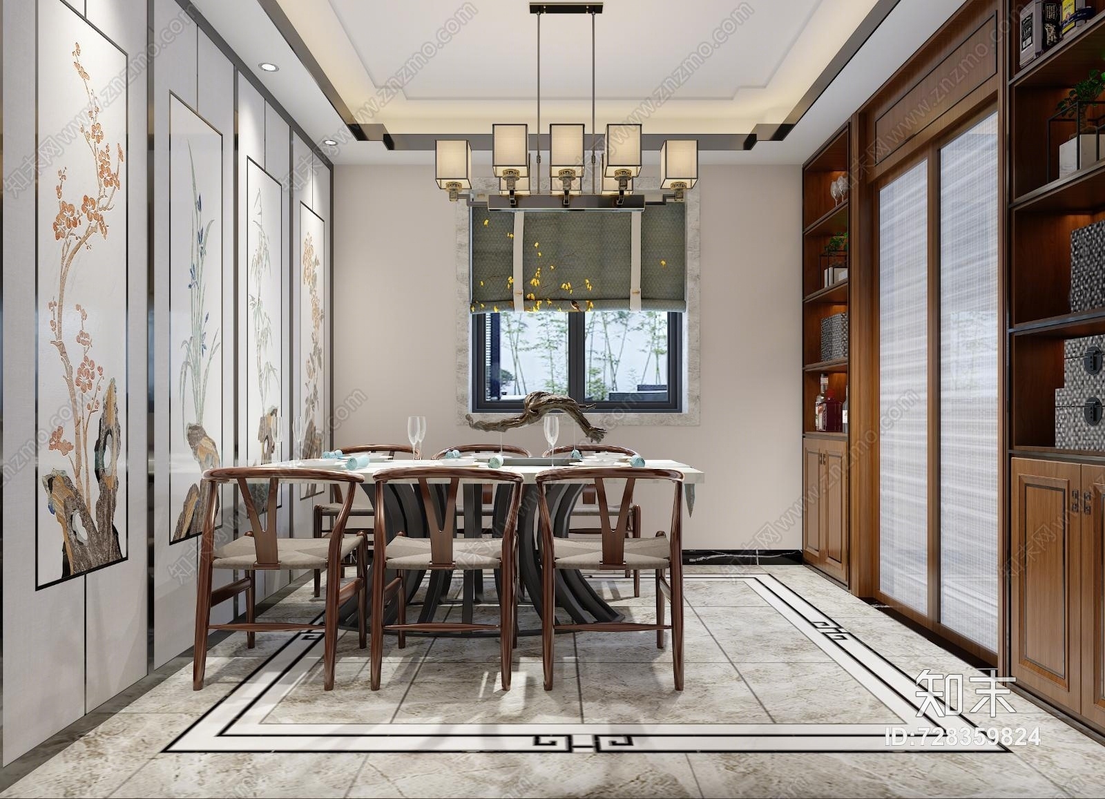 新中式别墅客餐厅挑空背景墙沙发金属吊灯中式餐桌椅客厅餐厅3D模型下载【ID:728359824】