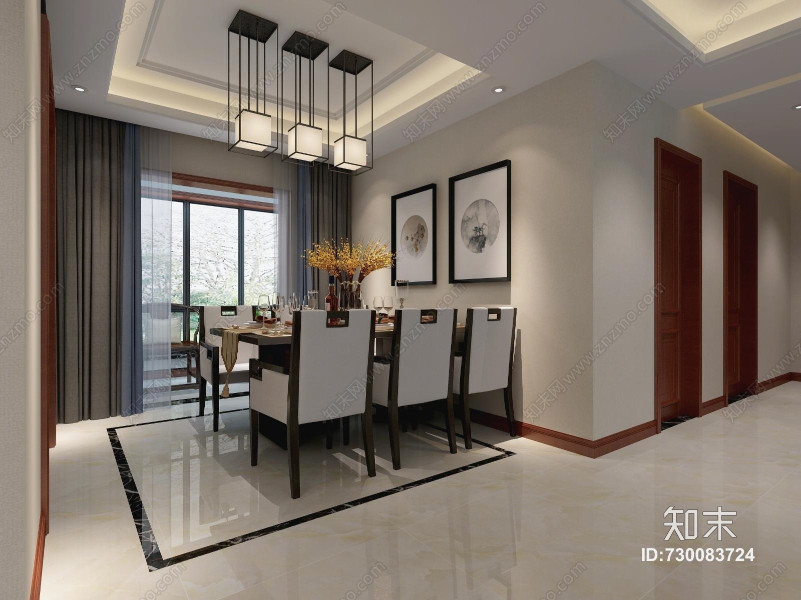 新中式中式客餐厅效果图3D模型下载【ID:730083724】