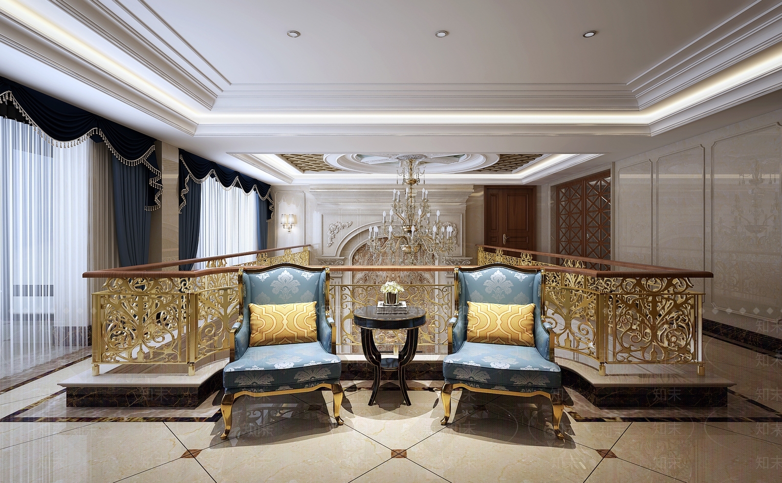 欧式古典欧式过道栏杆吊灯休闲椅3D模型下载【ID:232514826】