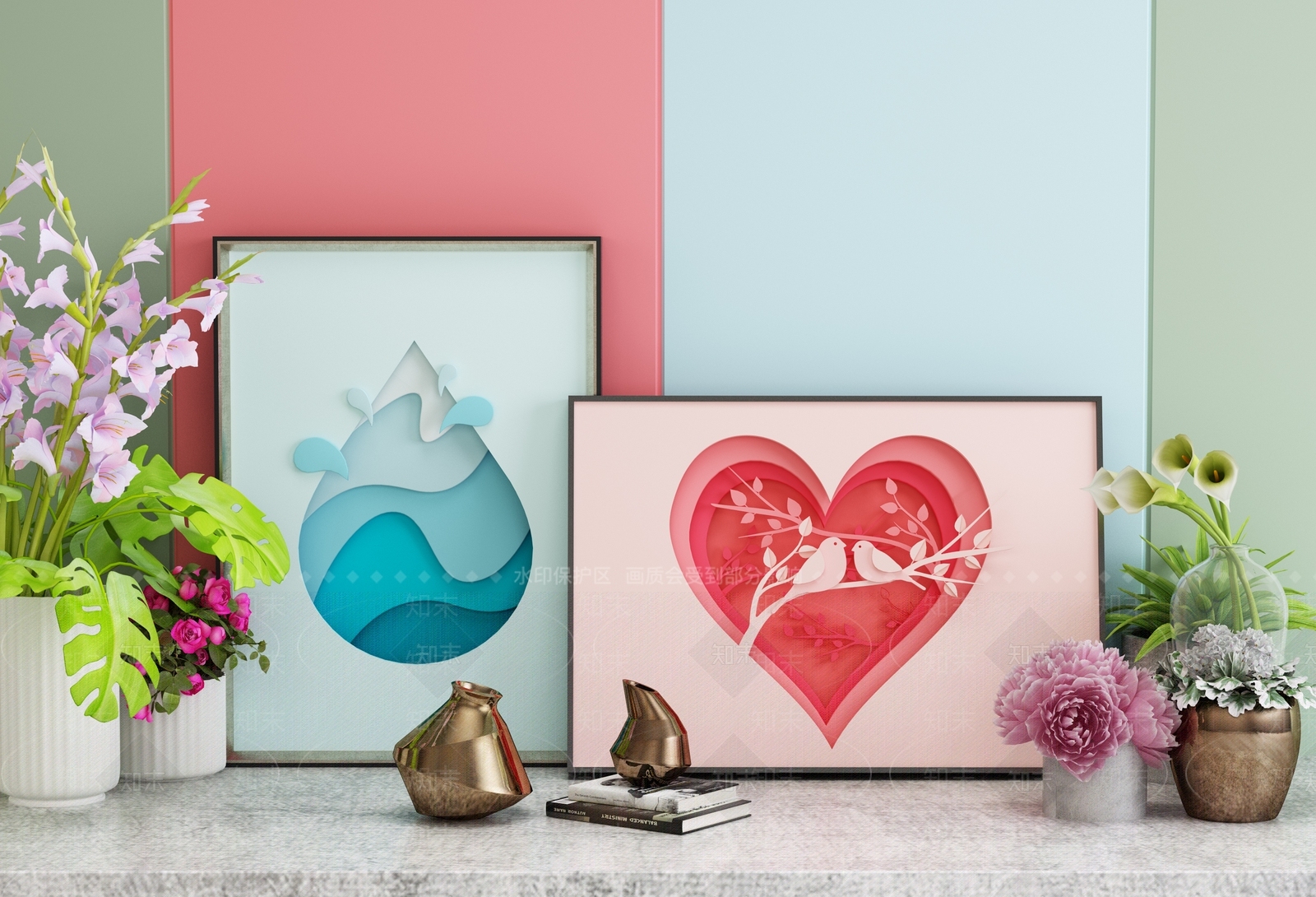 现代花瓶花卉相框画框立体挂画摆件3D模型下载【ID:735219465】