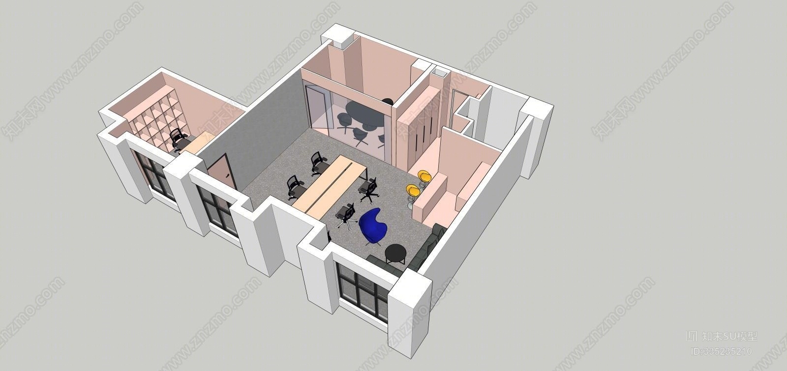 LOFT小型办公公司办公空间公寓办公办公家具SOHO办公SU模型下载【ID:335235210】