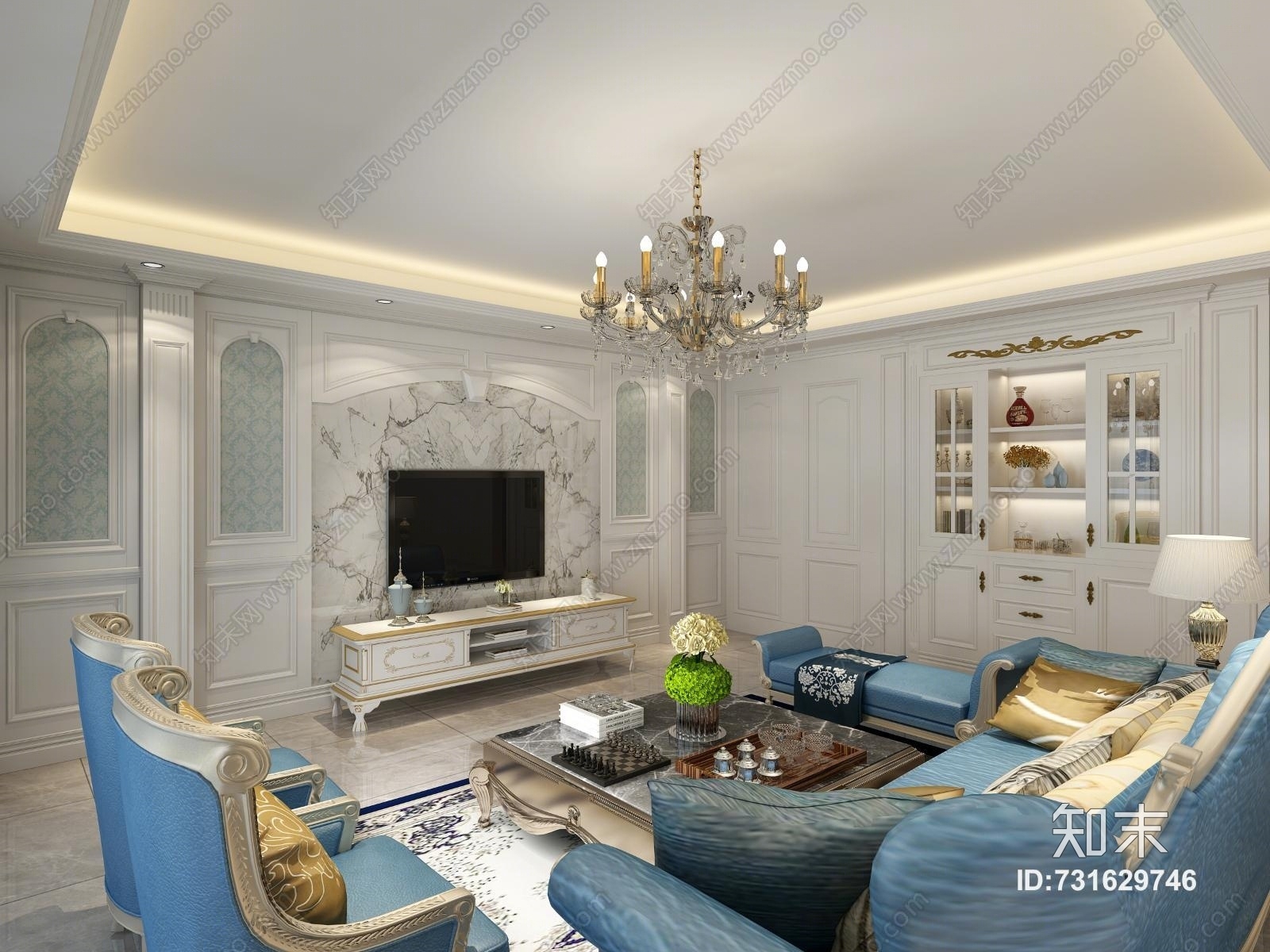 简欧客餐厅电视柜酒柜装饰柜蓝色皮沙发护墙板壁纸3D模型下载【ID:731629746】