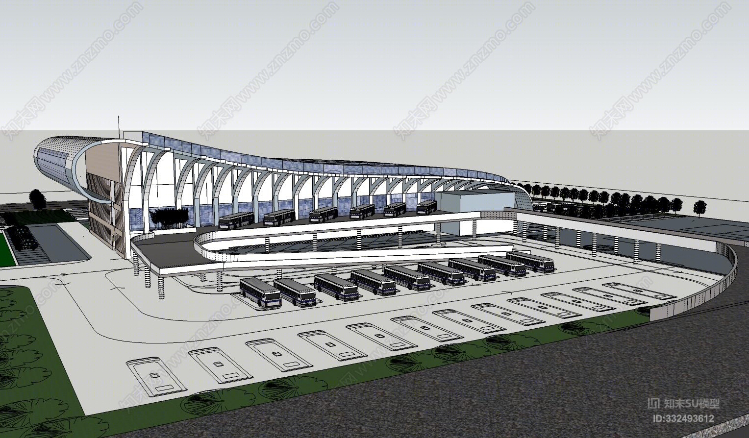现代汽车客运站广场SU模型下载【ID:332493612】