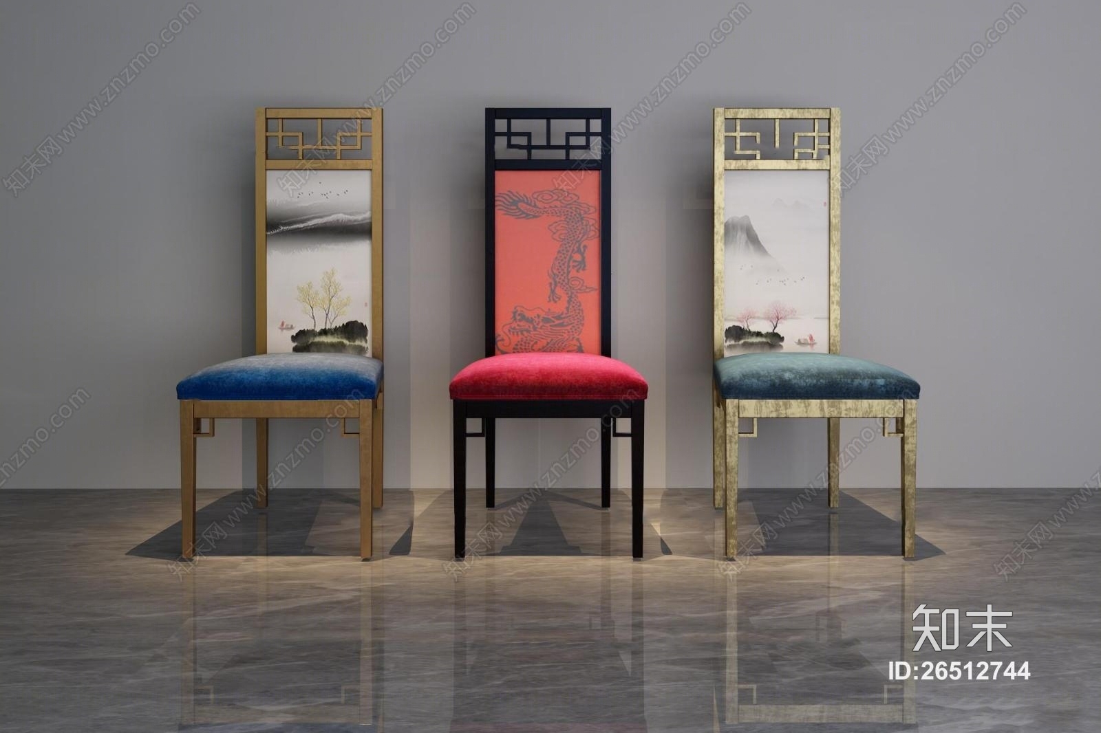 新中式高背单椅组合3D模型下载【ID:26512744】