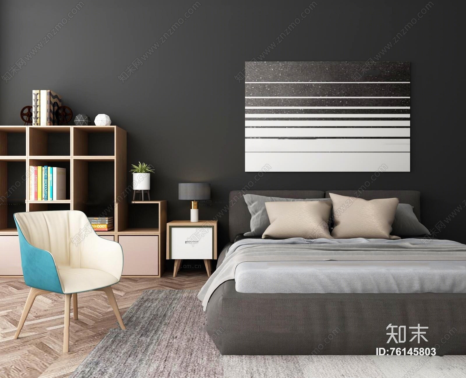现代布艺双人床休闲椅装饰柜组合3D模型下载【ID:76145803】