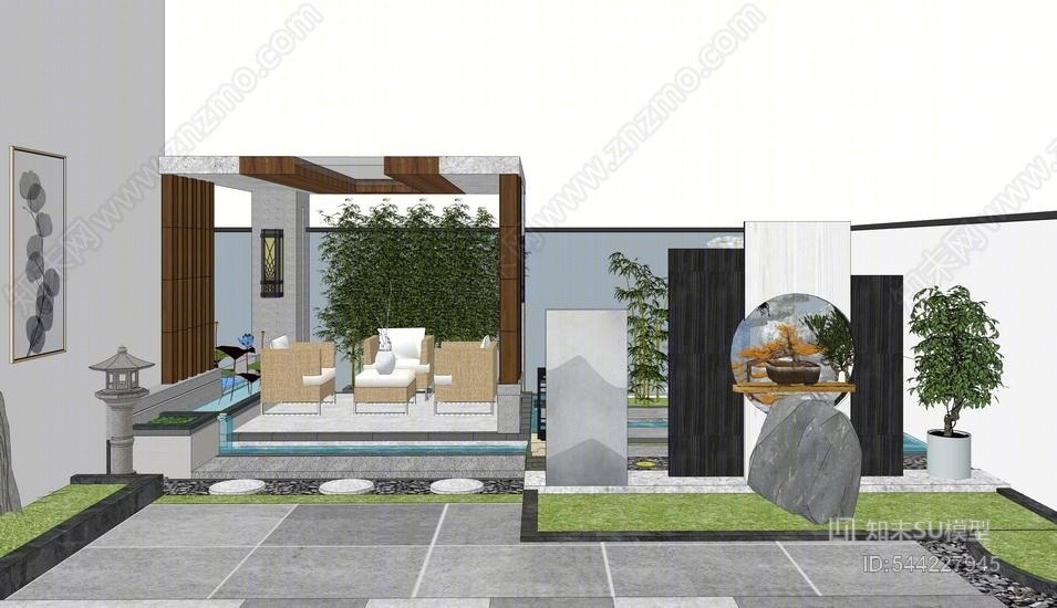 中式庭院景观SU模型下载【ID:544227945】