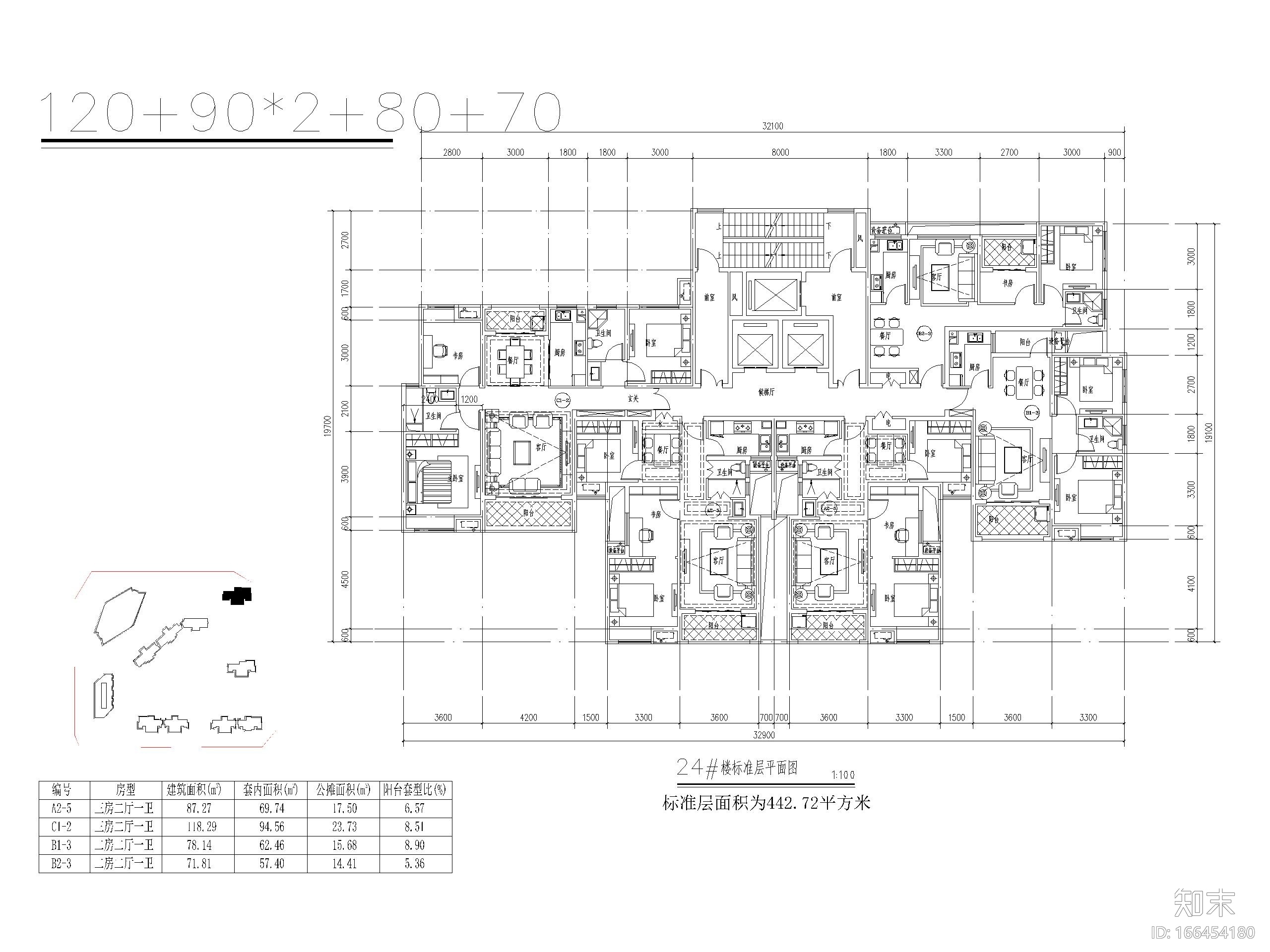 郑州超高层住宅户型平面设计（CAD）施工图下载【ID:166454180】