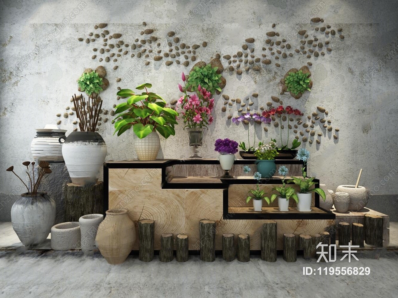 新中式陶罐花瓶花卉组合3D模型下载【ID:119556829】
