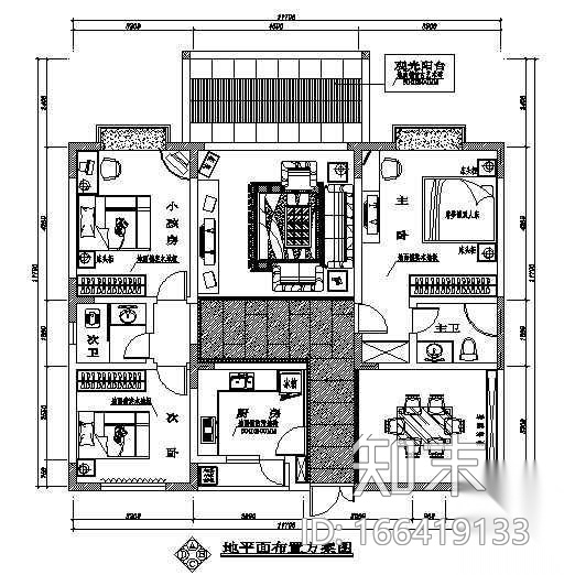 三室二厅户型图cad施工图下载【ID:166419133】