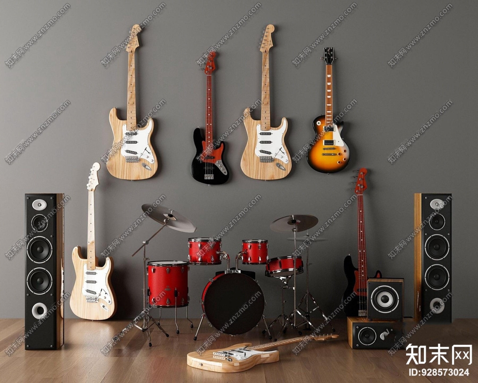现代架子鼓吉他音响组合3D模型下载【ID:928573024】