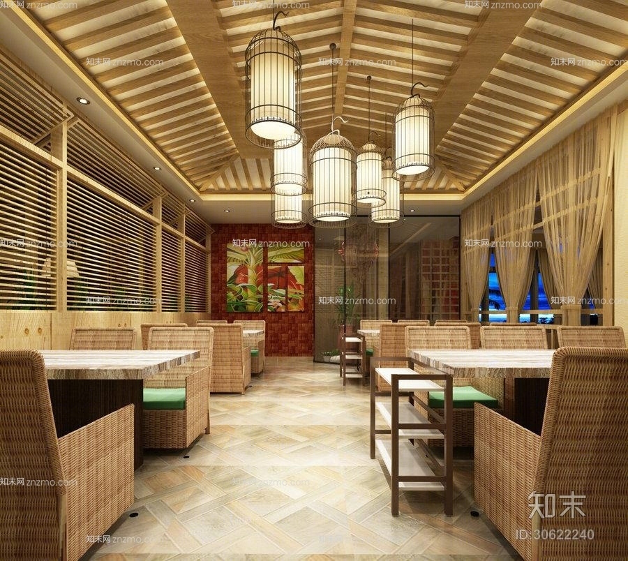 东南亚原木色编织餐桌椅组合3D模型下载【ID:30622240】