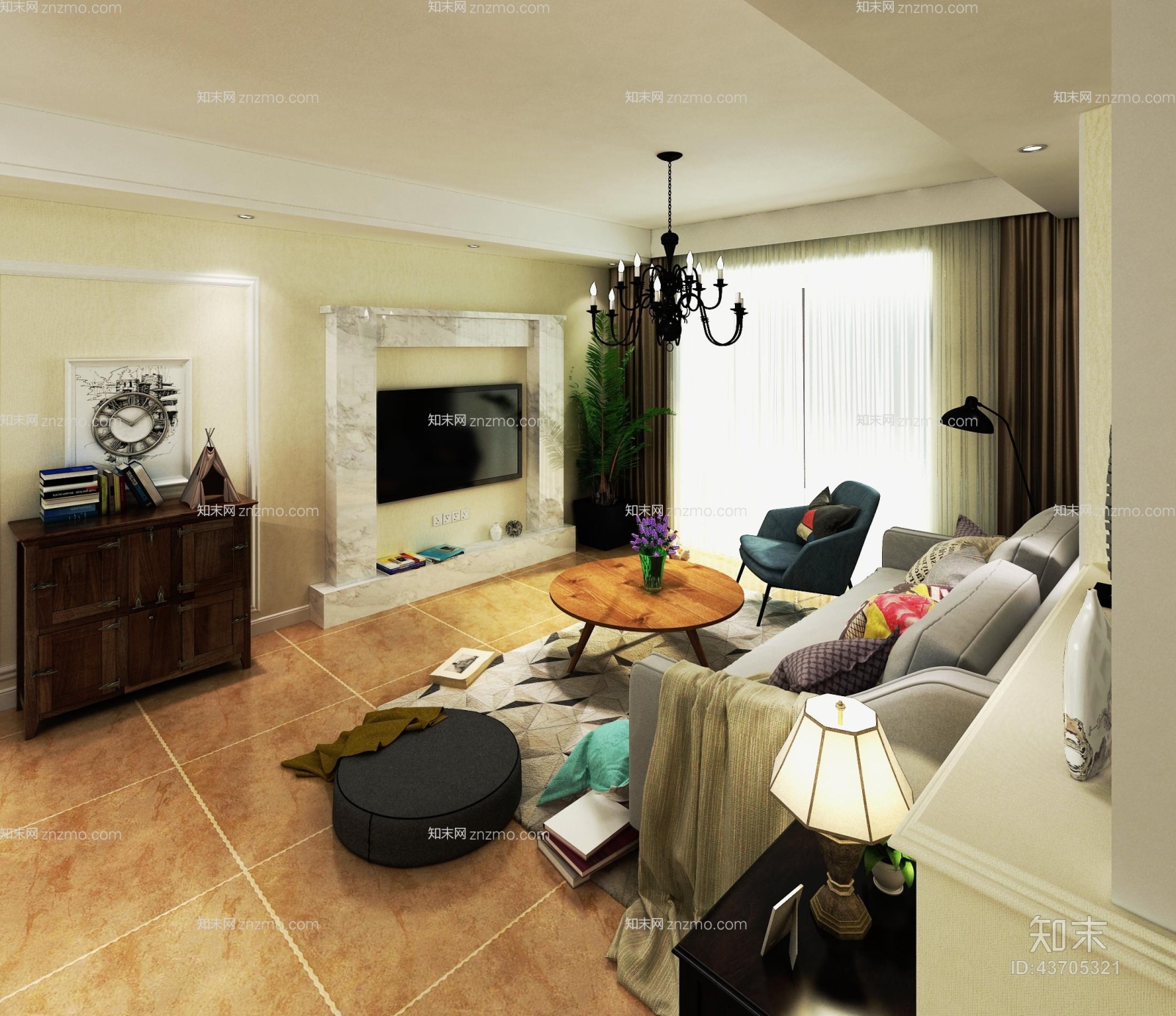 美式简约黑色布艺沙发凳3D模型下载【ID:43705321】