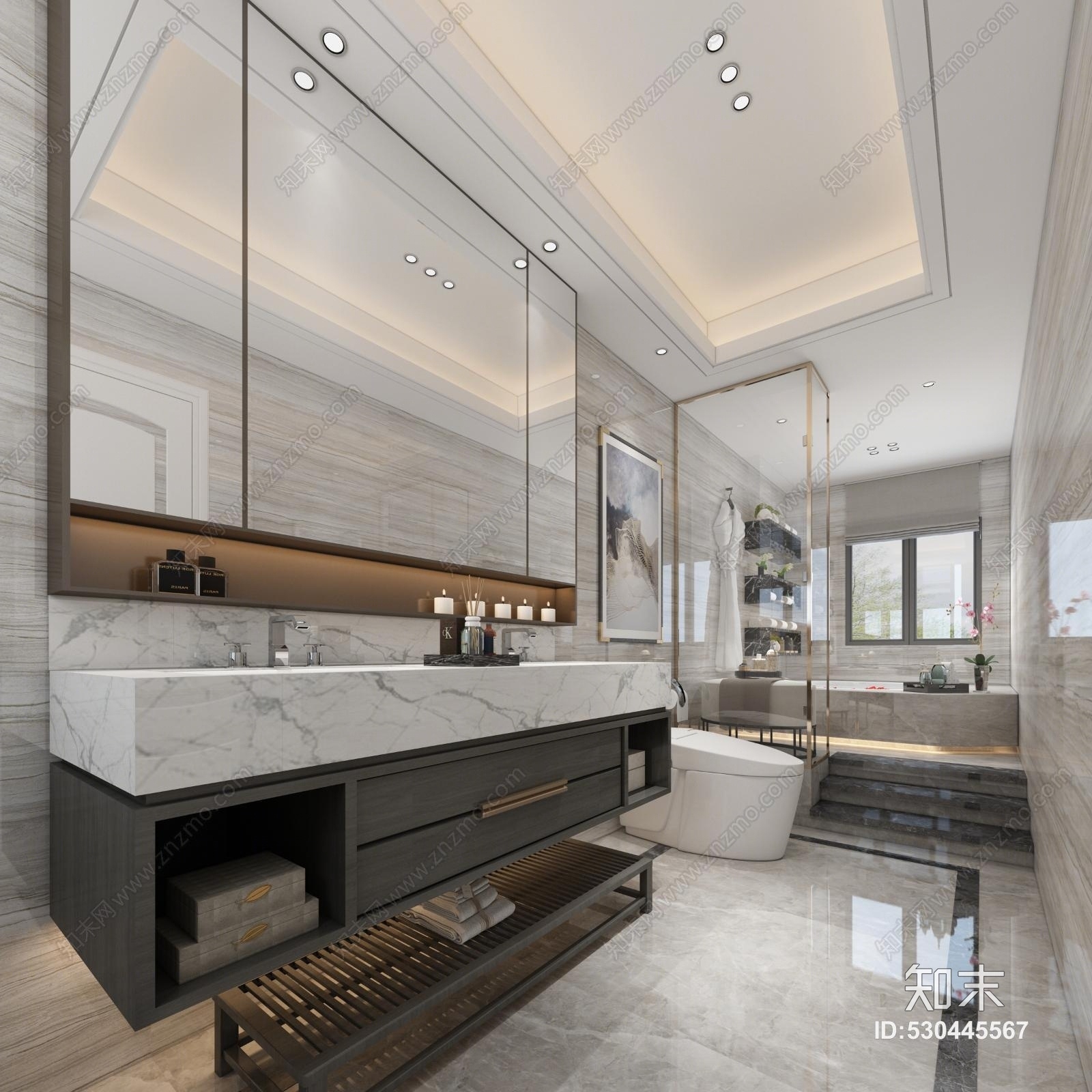 现代主卫次卫卫生间浴缸马桶3D模型下载【ID:530445567】