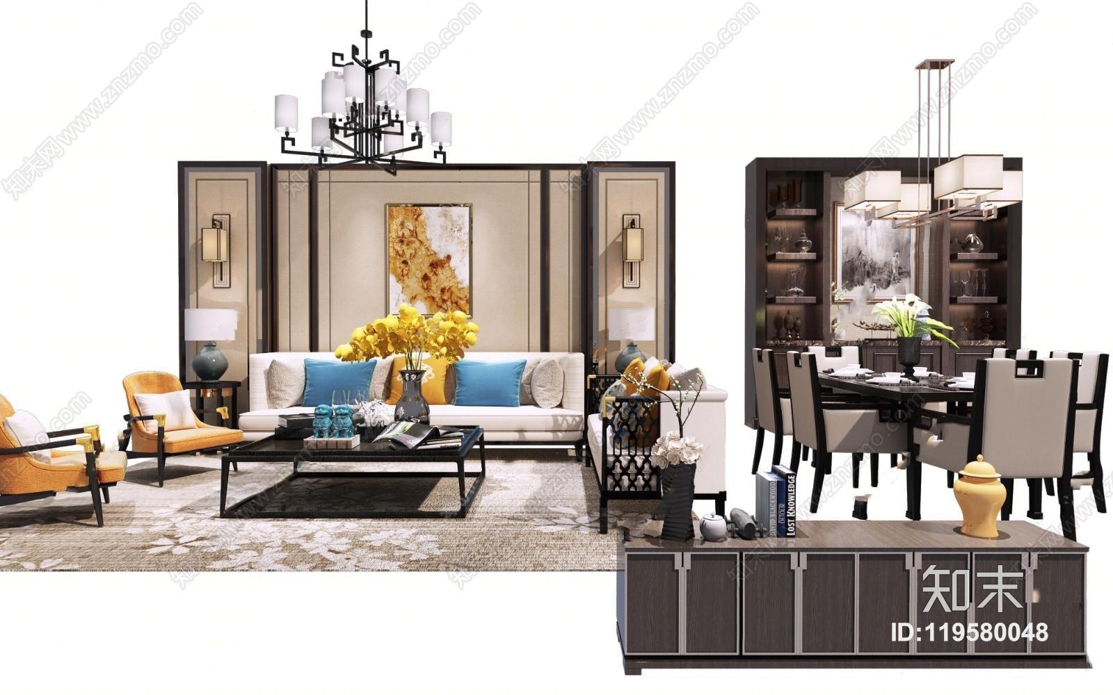 新中式布艺沙发茶几餐桌椅酒柜电视柜吊灯组合3D模型下载【ID:119580048】