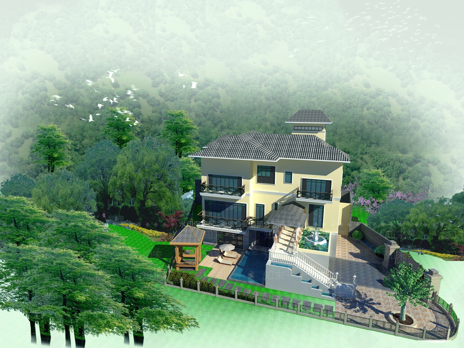 简欧欧式建筑圆林布景3D模型下载【ID:332533585】