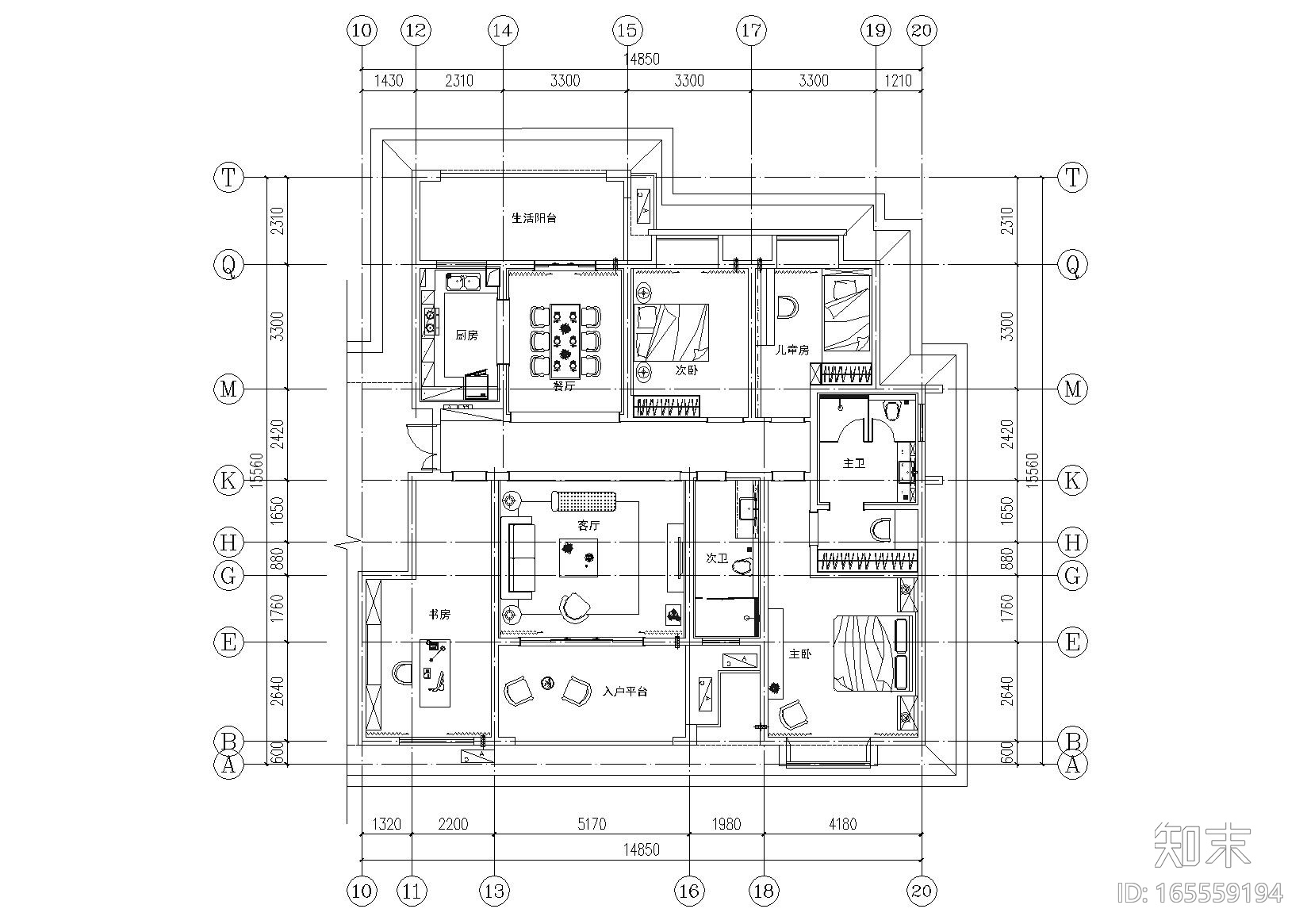 [湖南]岳阳富兴御城212㎡现代样板间施工图cad施工图下载【ID:165559194】