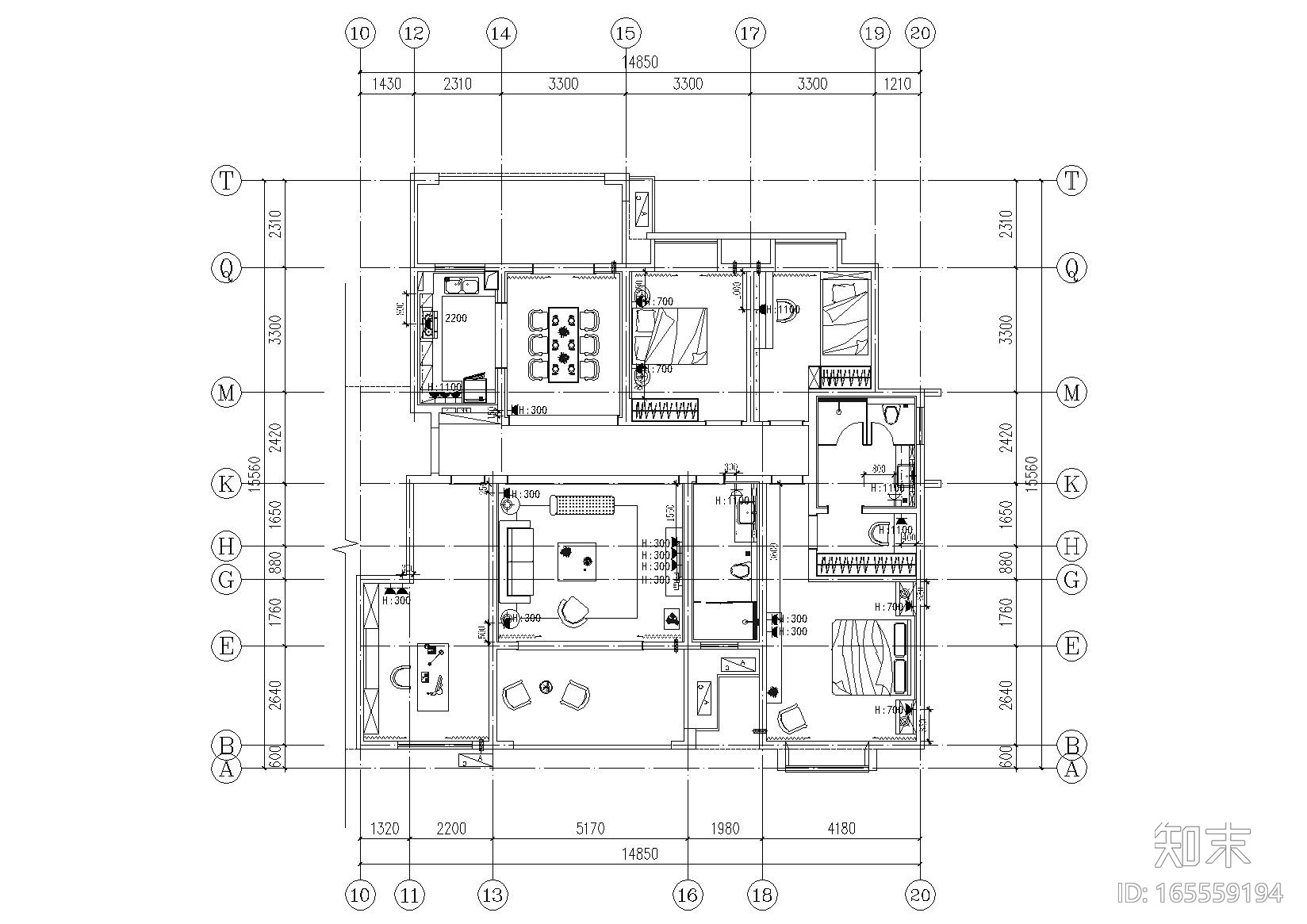 [湖南]岳阳富兴御城212㎡现代样板间施工图cad施工图下载【ID:165559194】