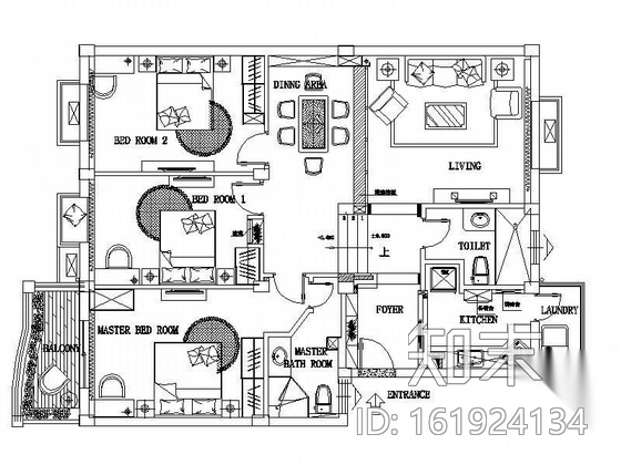 [上海]某三居简约式样板房装修图cad施工图下载【ID:161924134】