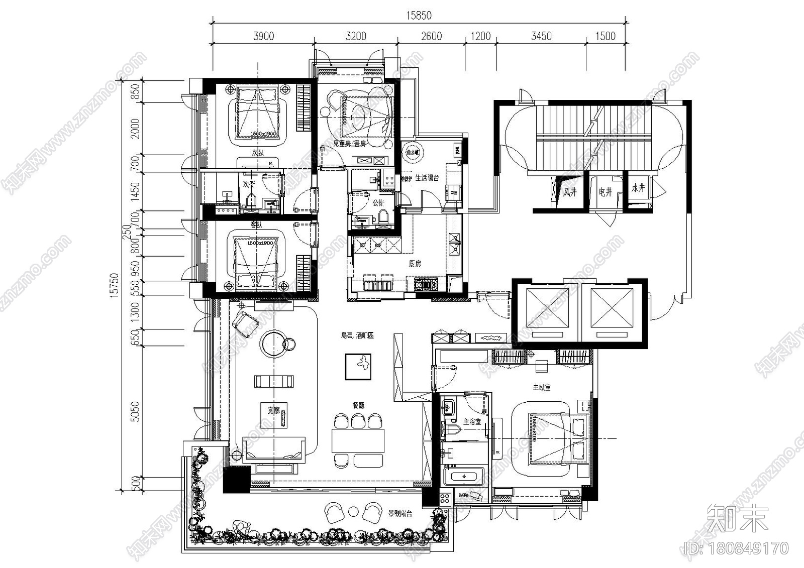 [广州]佛山230户型大平层全套施工图_效果图cad施工图下载【ID:180849170】