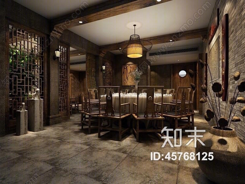 中式酒店餐厅包间3D模型下载【ID:45768125】