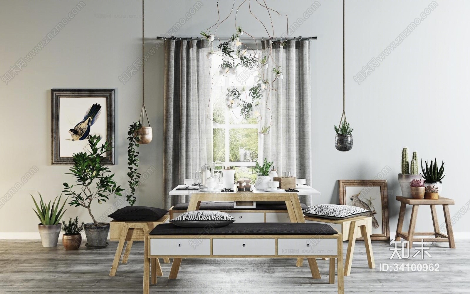 现代吊篮盆栽休闲桌椅组合3D模型下载【ID:34100962】