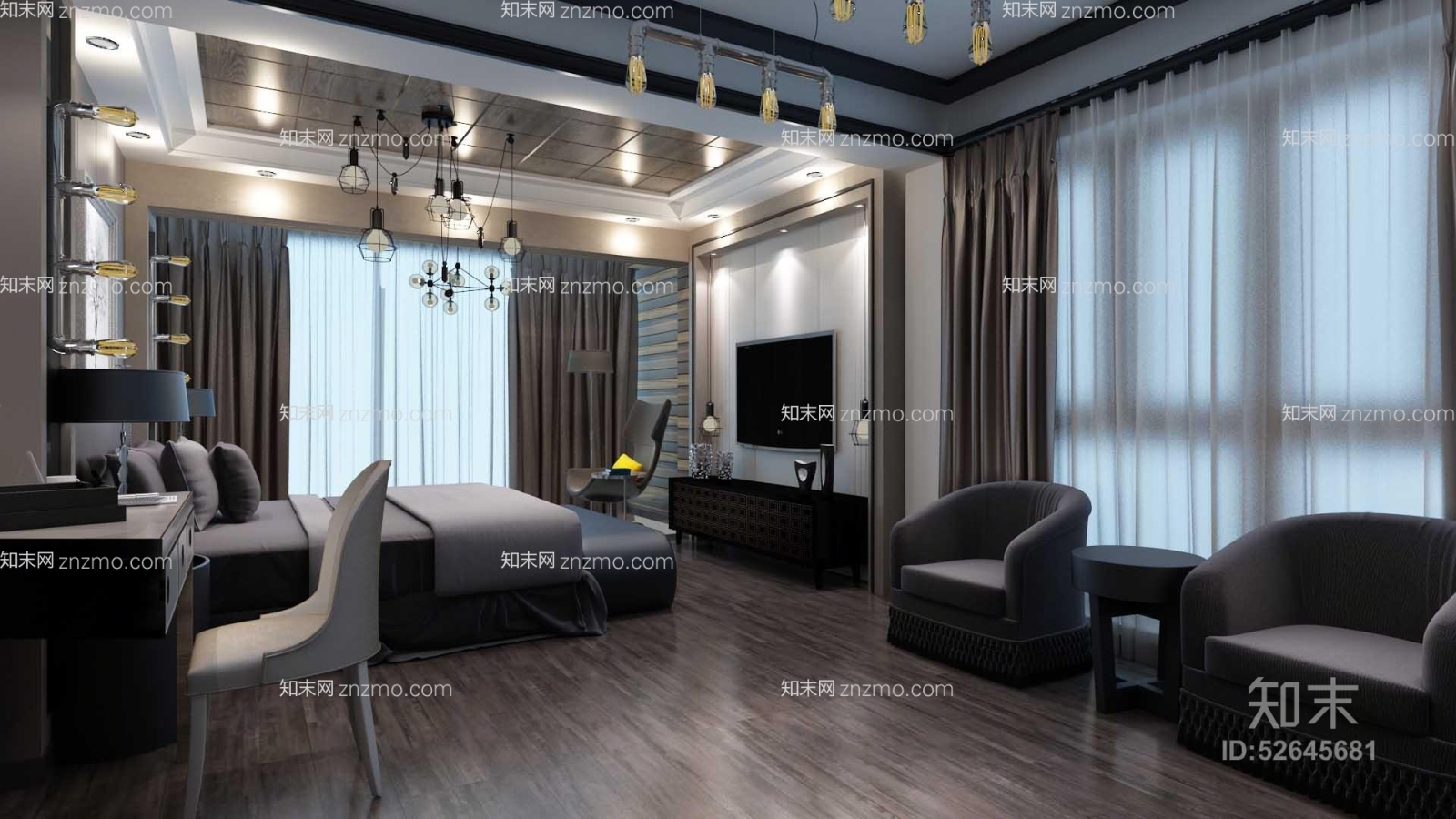 现代黑色铁艺吊灯3D模型下载【ID:52645681】