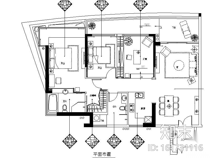 [三亚]某三居室样板间A1户型施工图（含效果）施工图下载【ID:161731116】