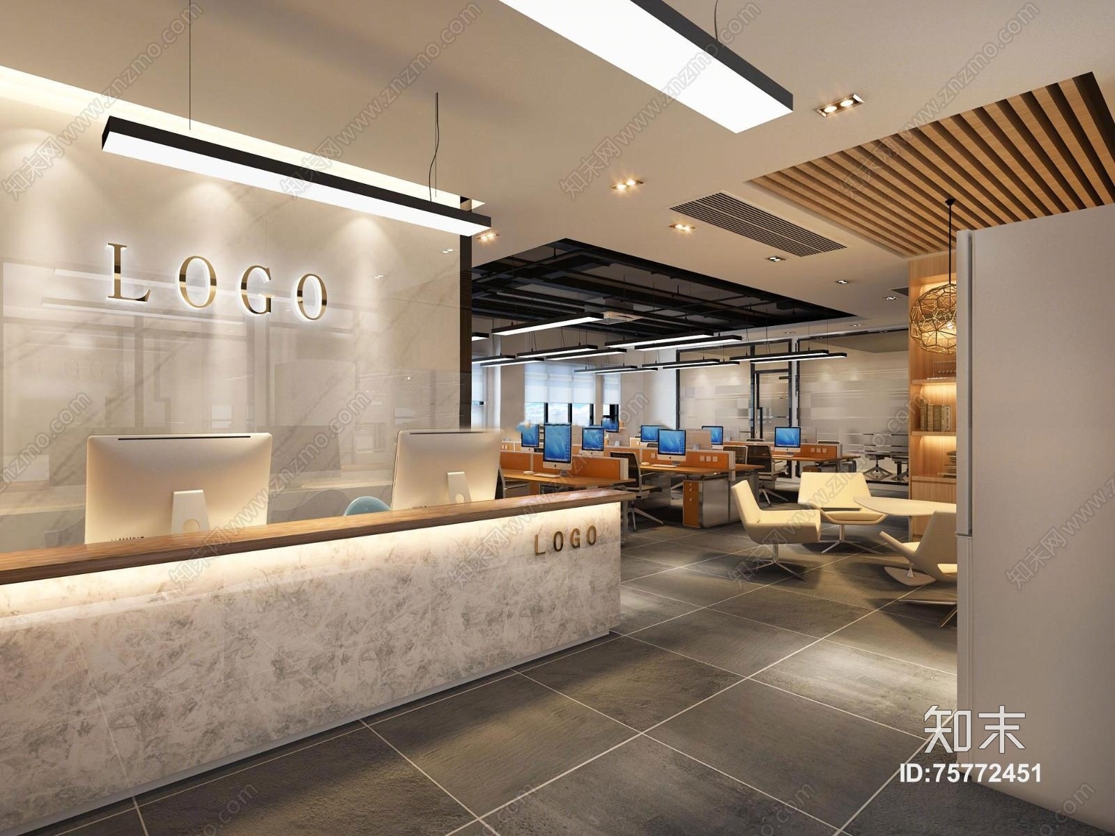 现代办公前台接待区下载3D模型下载【ID:75772451】