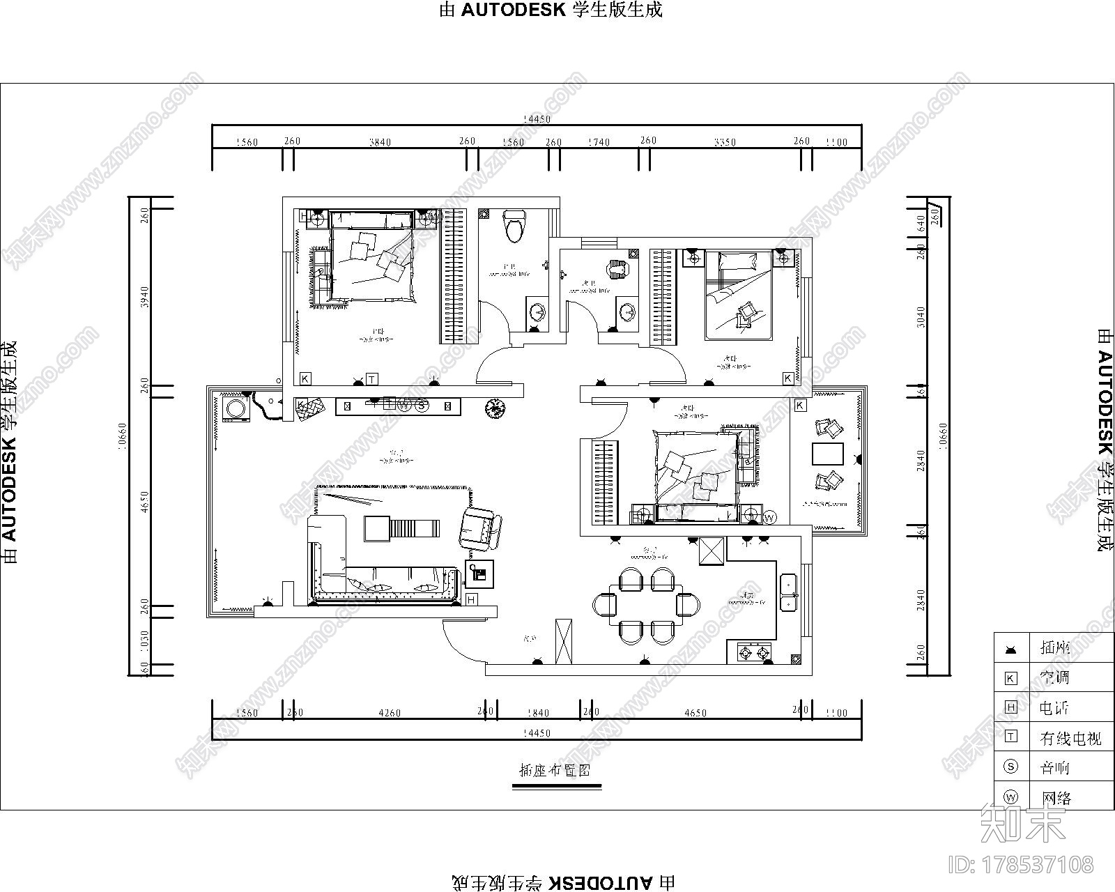 [衡阳]三室两厅设计图cad施工图下载【ID:178537108】