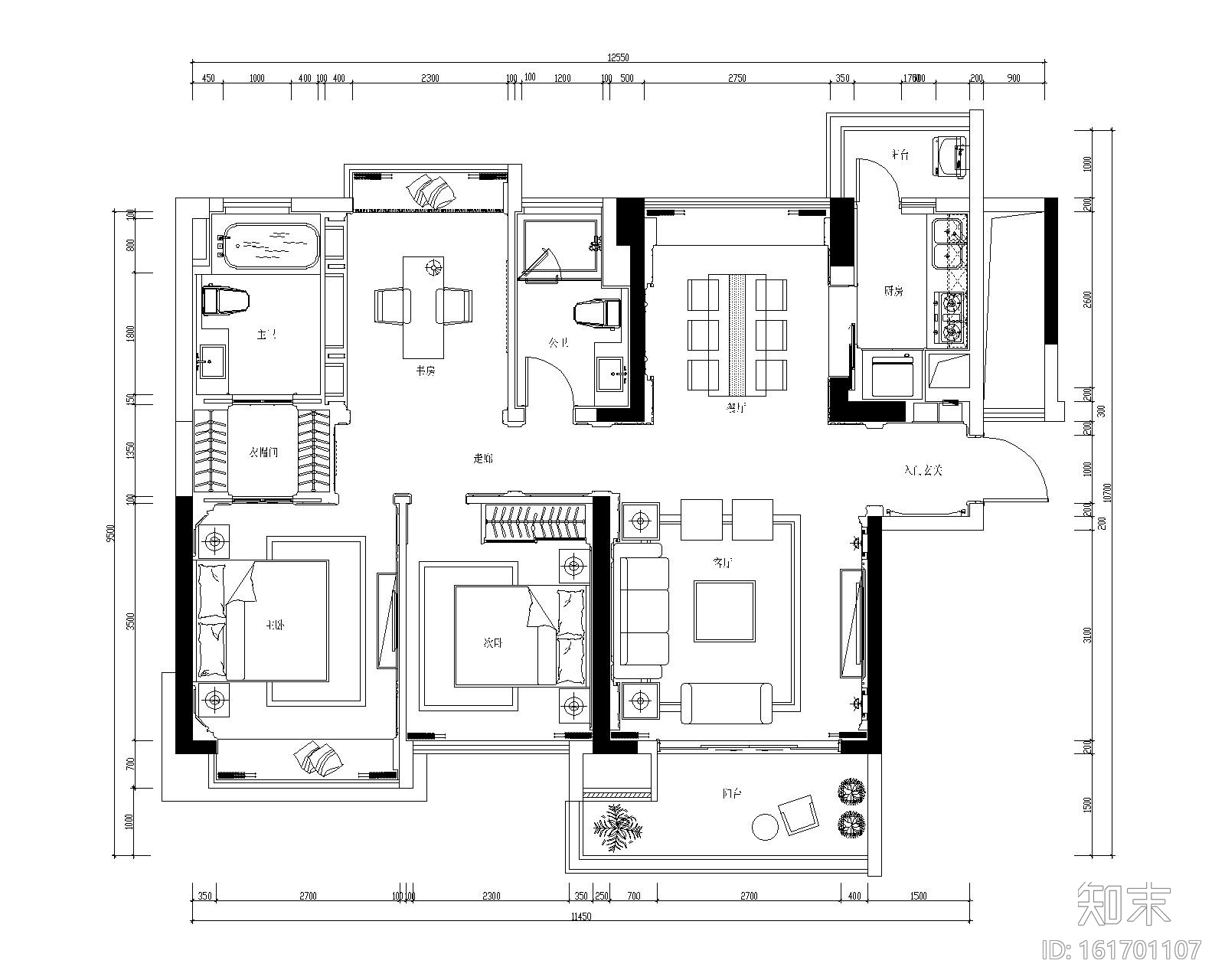 新古典风格三居室施工图设计（附3D模型+效果图）cad施工图下载【ID:161701107】