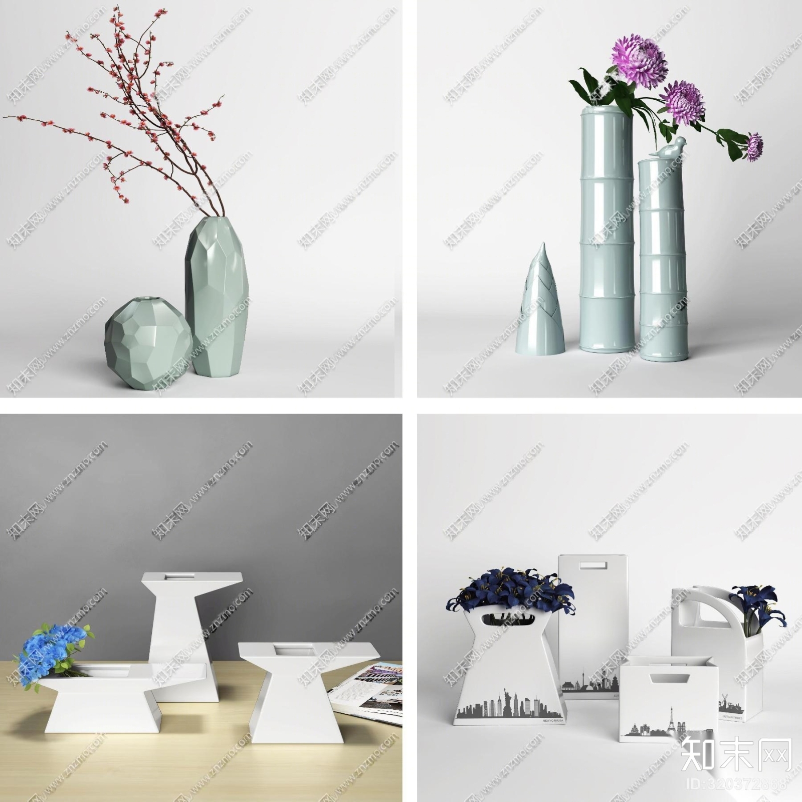 新中式陶瓷花瓶花卉组合3D模型下载【ID:320372868】