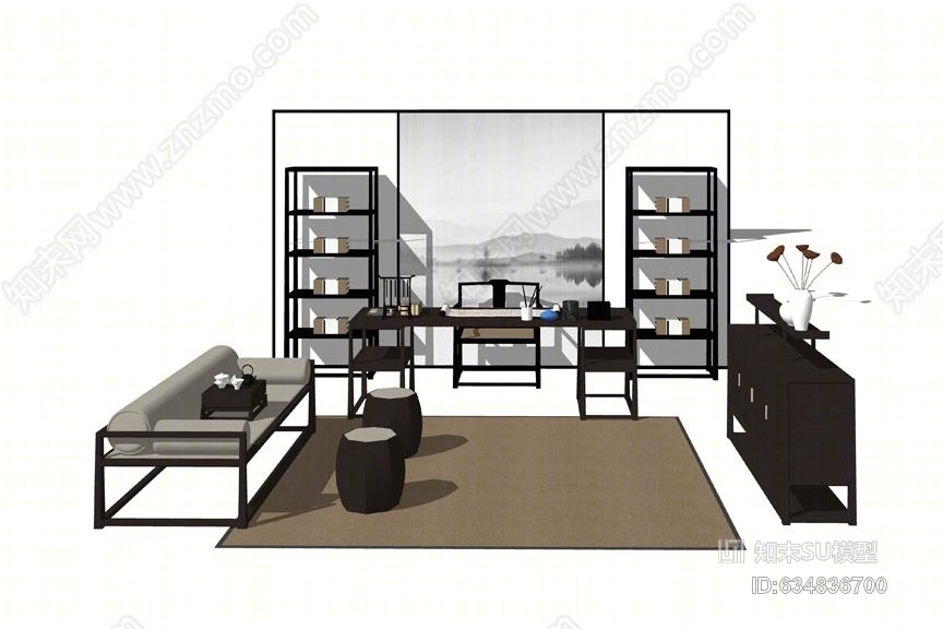 新中式书桌椅装饰柜沙发组合SU模型下载【ID:634836700】