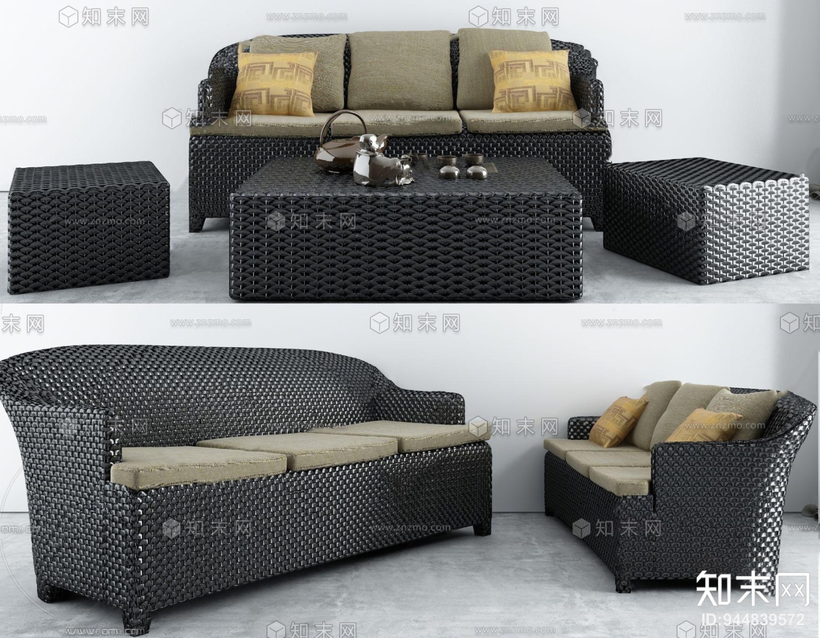 现代休闲户外藤编沙发组合3D模型下载【ID:944870590】