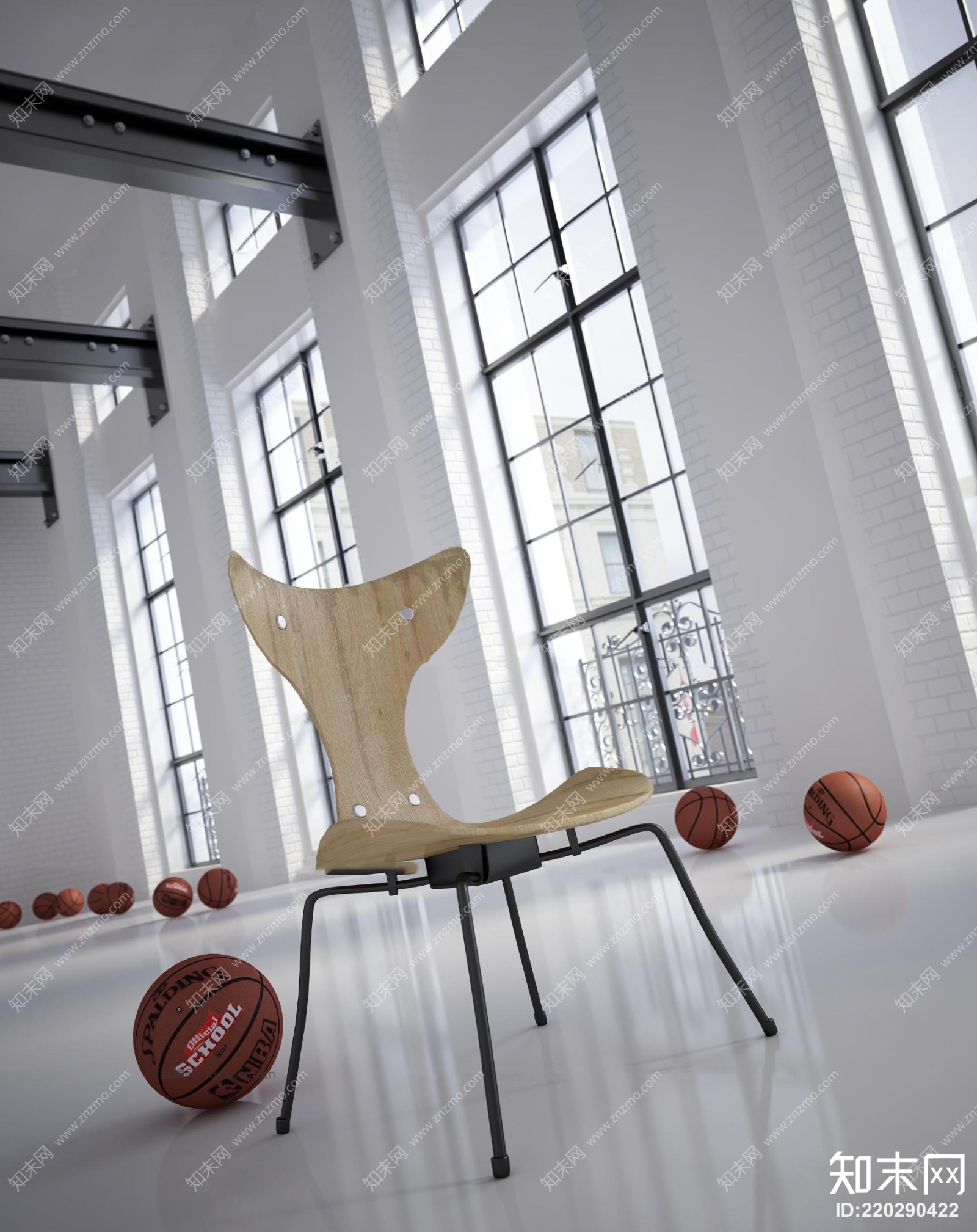 现代铁艺休闲椅蚂蚁椅篮球窗户组合3D模型下载【ID:220290422】