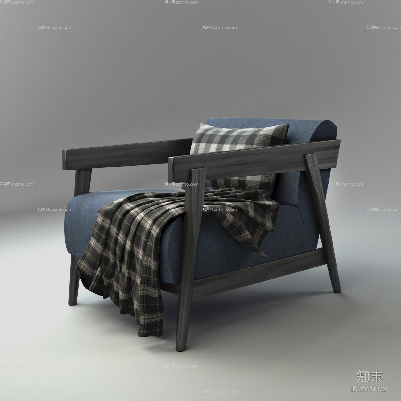 美式简约蓝色布艺铁艺扶手椅3D模型下载【ID:30171342】