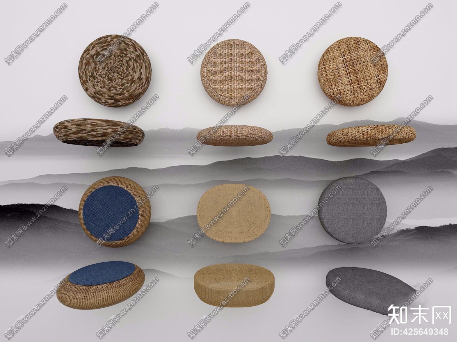 中式蒲团坐垫组合3D模型下载【ID:425649348】