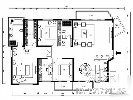 雅致简约现代三居室样板间CAD装修施工图（含效果）施工图下载【ID:161791145】