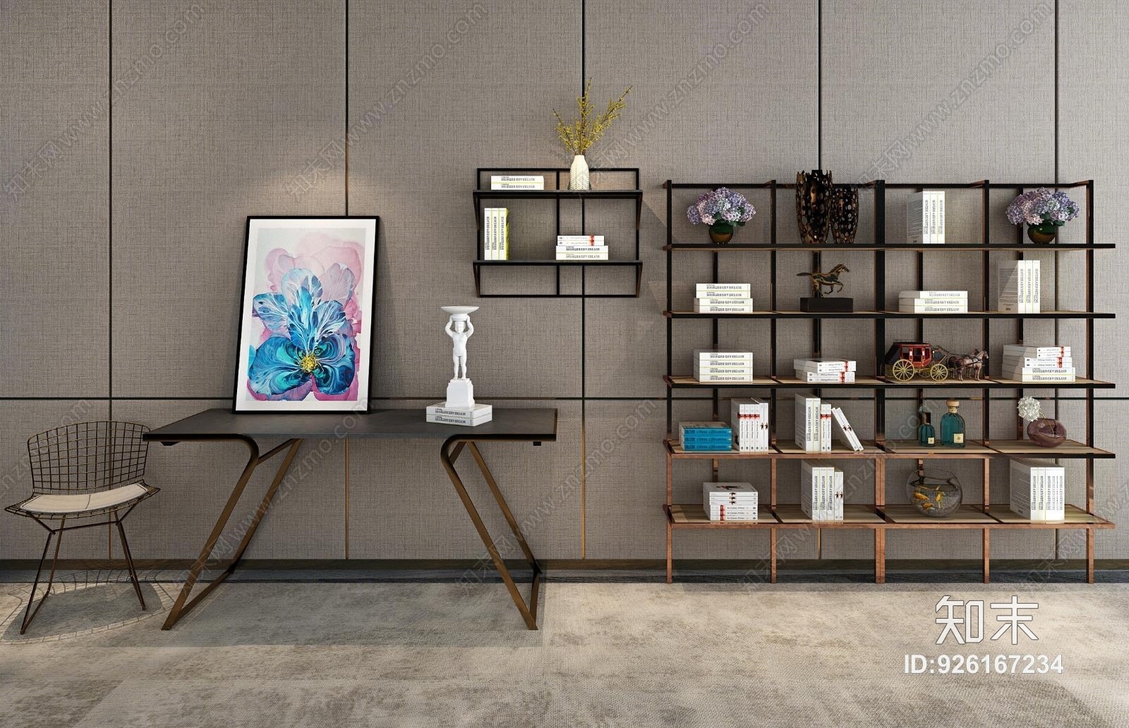 现代简约书桌书架模型组合3D模型下载【ID:926167234】