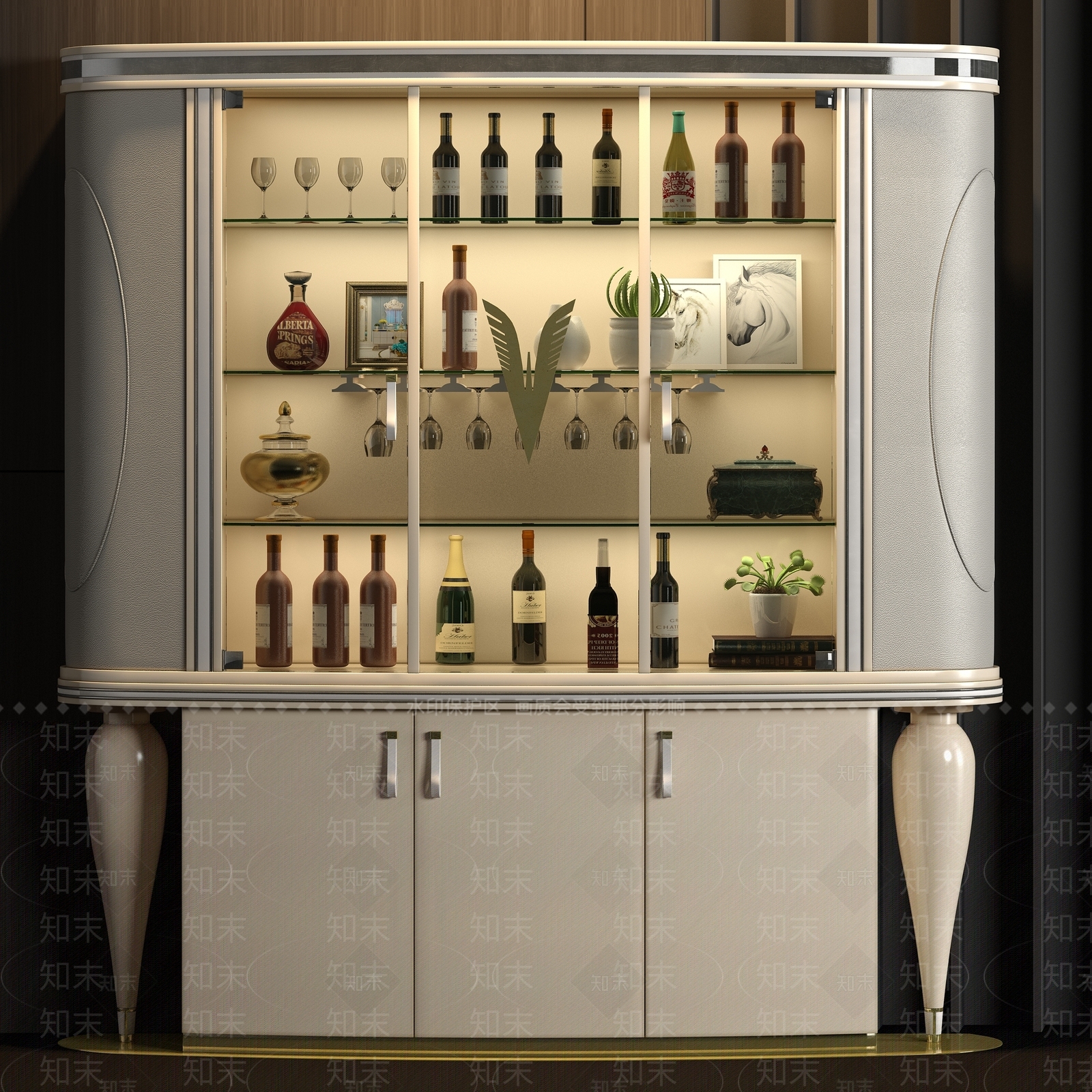 简欧欧式轻奢皮革酒柜酒瓶饰品组合3D模型下载【ID:932371039】