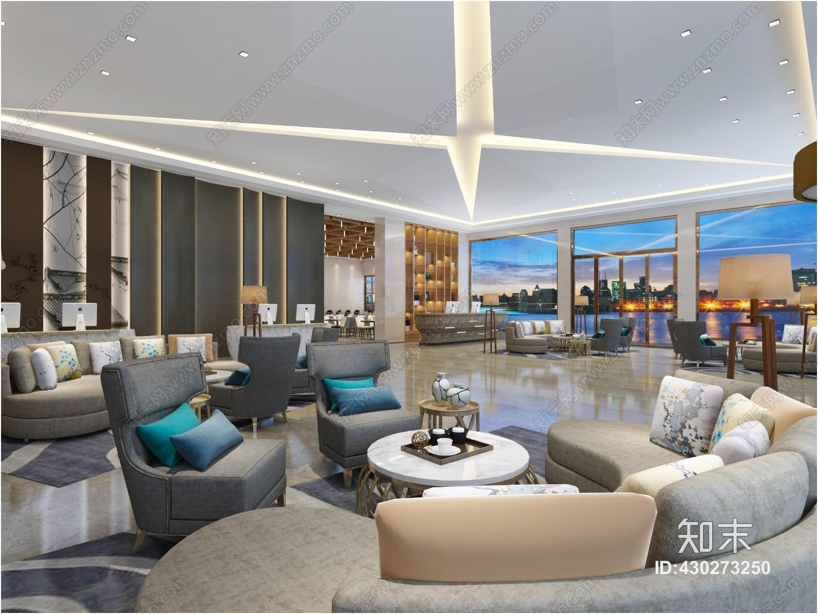 新中式酒店大堂前台接待大厅异型顶背景墙3D模型下载【ID:430273250】